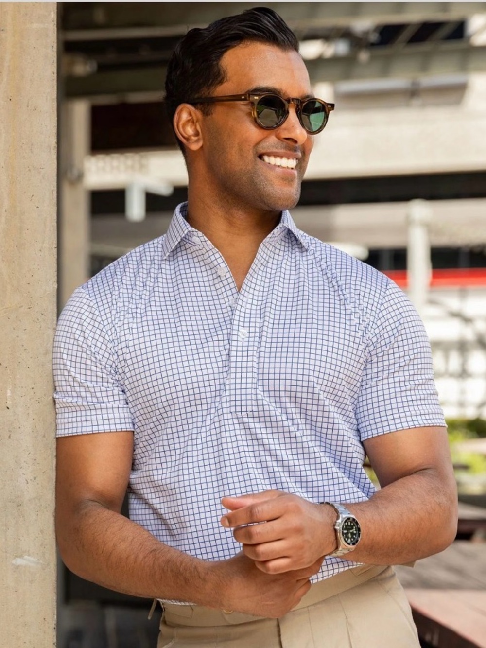 Collars & Co Men’s Original Fit Semi-Spread Collar Polo | Thin Navy Check | XL